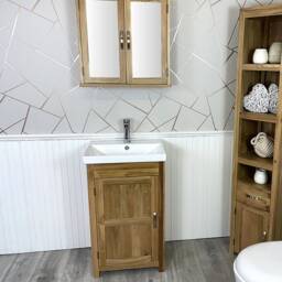 Slimline Bathroom Cabinet Vanity Unit - Solid Oak Furniture Inset Sink Tap Set