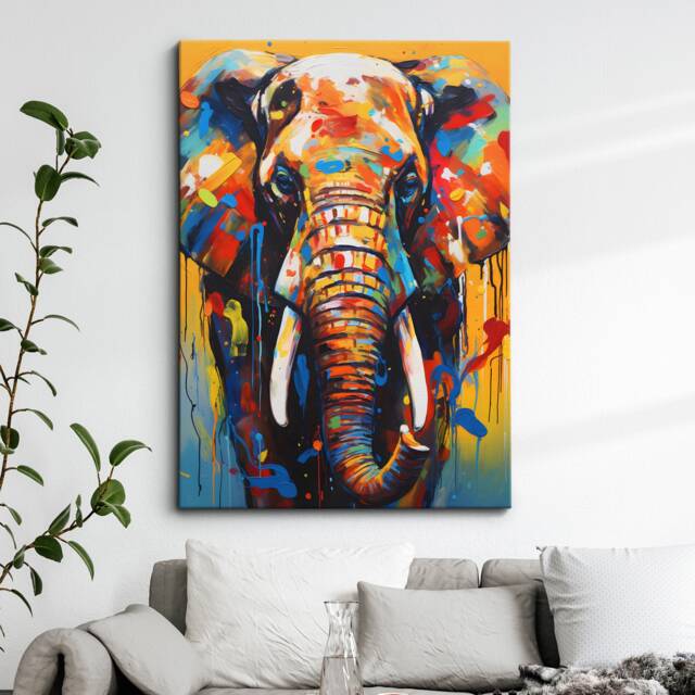 Colorful Elephant Animal Abstract Oil Painting Splatter Style Wall Art, Framed Canvas Poster Print, Home Kitchen Office Room Decor, Gifts - image 1