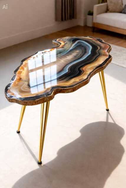 Geode-Look Coffee Table, Handmade Epoxy Resin Turquoise Art Side Table , Modern Home Decor Gold Legs - image 1