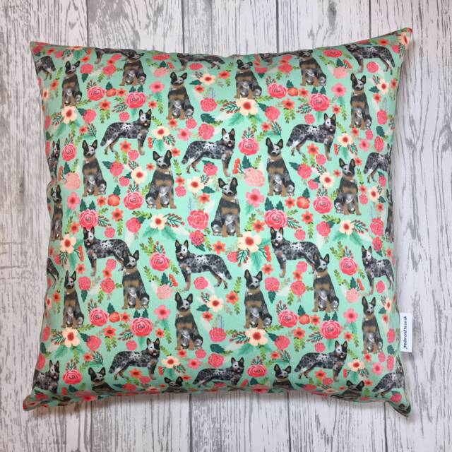 Australian Cattle Dog Print Cushion Cover in Mint Green Floral Design - Home Decor, Pillow Cover, Home & Living, Decorative Pillow, 38x38cm - image 1
