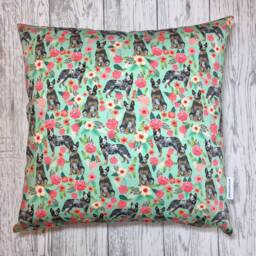 Australian Cattle Dog Print Cushion Cover in Mint Green Floral Design - Home Decor, Pillow Cover, Home & Living, Decorative Pillow, 38x38cm - thumbnail 1