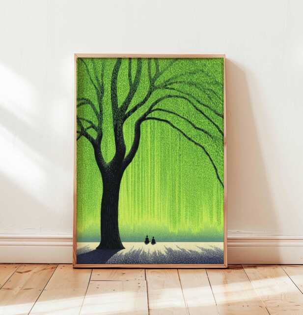 Giant Green Tree Poster, Peaceful Nature Wall Art Print, Serene Landscape Illustration, Calming Scene Decor For Bedroom Or Living Room - image 1