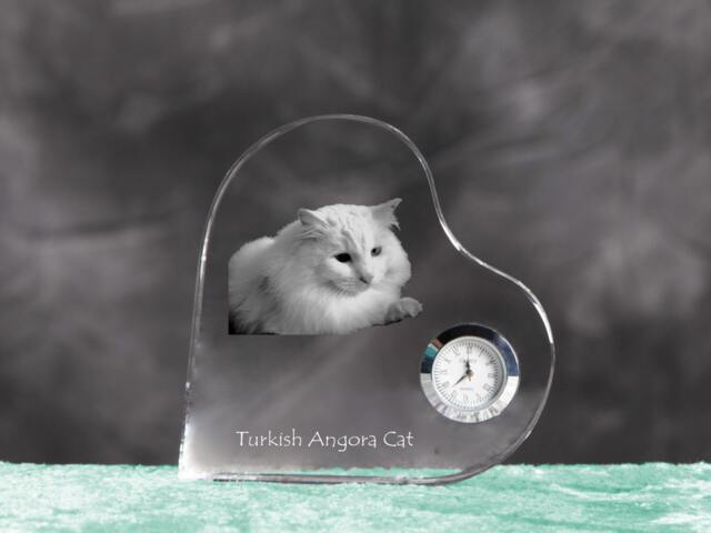 Turkish Angora - Crystal Clock in The Shape Of A Heart With Image Pure-Bred Cat - image 1