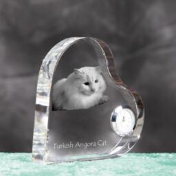 Turkish Angora - Crystal Clock in The Shape Of A Heart With Image Pure-Bred Cat - thumbnail 3