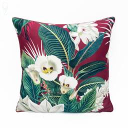 Floral Chenille Cushion Cover Burgundy Botanical Print, Double Sided - 43x43 cm