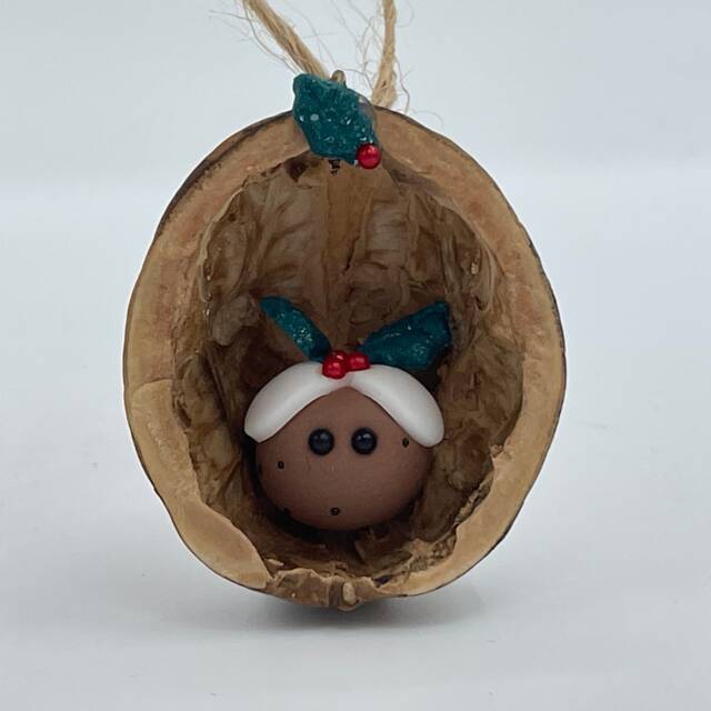 Christmas Pudding in A Nutshell - Handmade Walnut Shell Decoration - image 1
