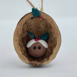 Christmas Pudding in A Nutshell - Handmade Walnut Shell Decoration - thumbnail 1