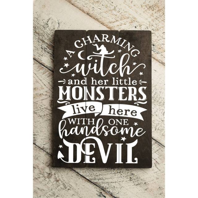 Funny Halloween Wood Sign, Charming Witch & Monsters For Christmas Anniversary Gift - image 1