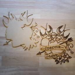 3D Wooden Love Heart Wall Art Classic Tattoo Swallow Sign - thumbnail 3
