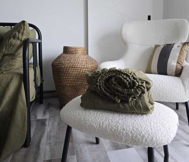 Olive Linen Fitted Sheet, Stonewashed Bedding, Queen King - image 1