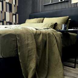 Olive Linen Fitted Sheet, Stonewashed Bedding, Queen King - thumbnail 2