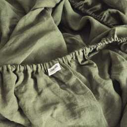 Olive Linen Fitted Sheet, Stonewashed Bedding, Queen King - thumbnail 3