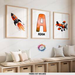 Personalised Kids Airplane Prints - Set Of 3 Posters - Orange Boys Wall Art Room Nursery Custom Name Decor Girls Aviation Gifts - thumbnail 1