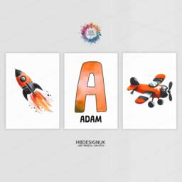 Personalised Kids Airplane Prints - Set Of 3 Posters - Orange Boys Wall Art Room Nursery Custom Name Decor Girls Aviation Gifts - thumbnail 2