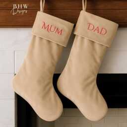 Personalised Name Beige Velvet Stocking Hanging Christmas - thumbnail 3