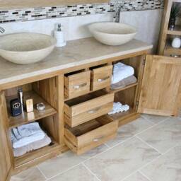 Oak Bathroom Vanity Cabinet Double Twin Sinks Bowl Basins Travertine 603Att025T - thumbnail 3