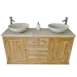 Oak Bathroom Vanity Cabinet Double Twin Sinks Bowl Basins Travertine 603Att025T - thumbnail 2