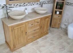 Oak Bathroom Vanity Cabinet Double Twin Sinks Bowl Basins Travertine 603Att025T - thumbnail 1