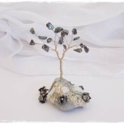 Wire Tree Sculpture, Hematite Beads, Natural Beach Pebble - thumbnail 2