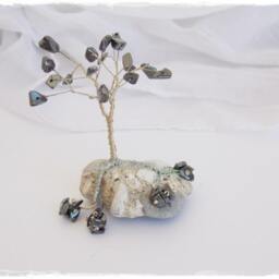 Wire Tree Sculpture, Hematite Beads, Natural Beach Pebble - thumbnail 3