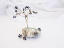 Wire Tree Sculpture, Hematite Beads, Natural Beach Pebble - thumbnail 1