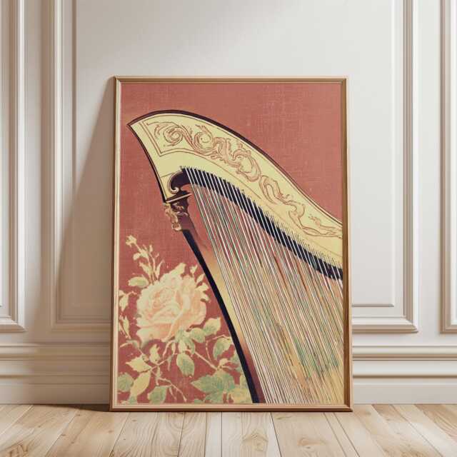 Red Beige Harp Poster - Vintage Musical Instrument Art Nouveau Floral Illustration - image 1