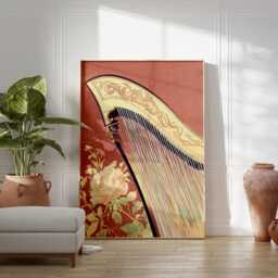 Red Beige Harp Poster - Vintage Musical Instrument Art Nouveau Floral Illustration - thumbnail 3