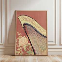 Red Beige Harp Poster - Vintage Musical Instrument Art Nouveau Floral Illustration - thumbnail 1