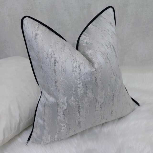 Classy Silver Abstract Cushion Cover With Black Satin Piped Luxury Home Decor Accent Perfect Pillow Sham Pillow Cover For Sofa Or Bed - image 1