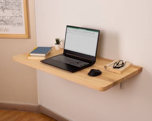 Wood Floating Desk, Wall Mounted Small Murphy Desk Table, Folding Home Office Hanging Unique Gift - image 1
