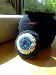 Evil Eye Knit Pillow, Lucky Charm Crochet Decorative Circle Macrame Cord Stuffed Double Sided - thumbnail 1
