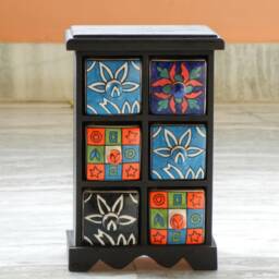 Wooden & Ceramic 6 Chest Of Drawer, Desk Organiser, Handmade, Ethnic, Indian Style, Height 7 Inches - thumbnail 3