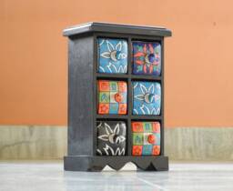 Wooden & Ceramic 6 Chest Of Drawer, Desk Organiser, Handmade, Ethnic, Indian Style, Height 7 Inches