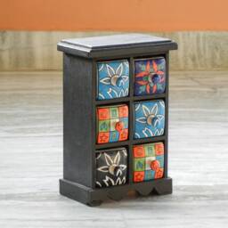 Wooden & Ceramic 6 Chest Of Drawer, Desk Organiser, Handmade, Ethnic, Indian Style, Height 7 Inches - thumbnail 2