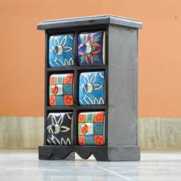 Wooden & Ceramic 6 Chest Of Drawer, Desk Organiser, Handmade, Ethnic, Indian Style, Height 7 Inches - thumbnail 4