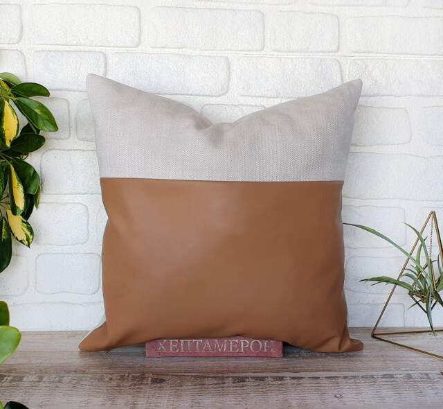 Biogen Saddle Tan Faux Leather & Natural Washed Linen Pillow Cover-1/3 Design/Housewarming Gift-1Qty - image 1
