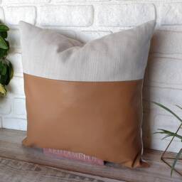 Biogen Saddle Tan Faux Leather & Natural Washed Linen Pillow Cover-1/3 Design/Housewarming Gift-1Qty - thumbnail 2