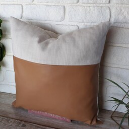 Biogen Saddle Tan Faux Leather & Natural Washed Linen Pillow Cover-1/3 Design/Housewarming Gift-1Qty - thumbnail 3