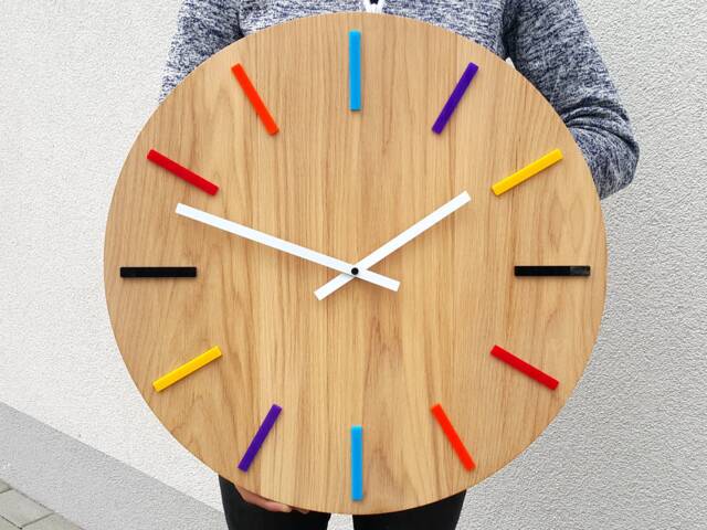 Large Wall Clock - Silent Oak Wood Clock With Colorful Indeks & White Hands, Modernclock Colorful_Wood 49cm/19, 29 - image 1