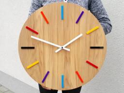 Large Wall Clock - Silent Oak Wood Clock With Colorful Indeks & White Hands, Modernclock Colorful_Wood 49cm/19, 29