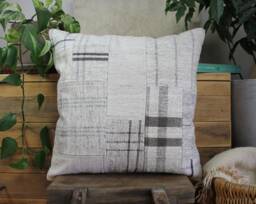 50cm - 20Inch Vintage Kilim Patchwork Cushion Cover Handwoven - Modern Assembly White Cream Grey Checks