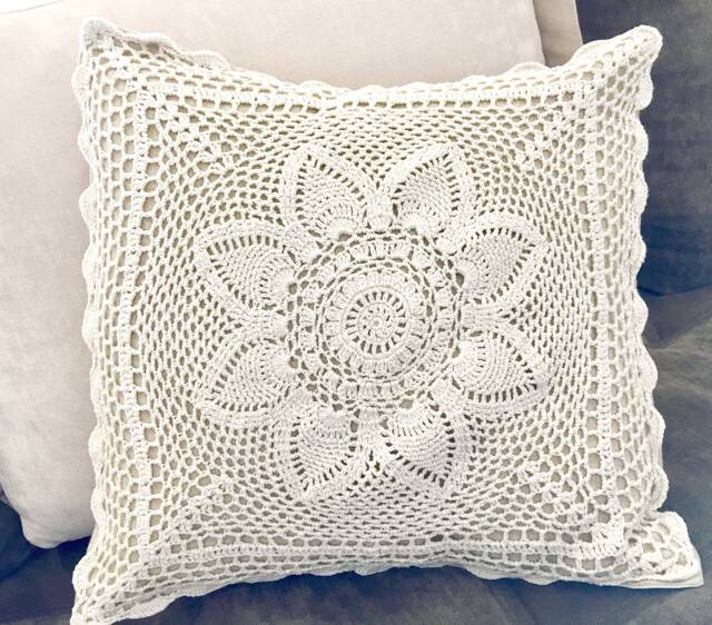 Hand Crocheted Flower Pillow Cover Bohemian Home Decor - 16x16'' - image 1