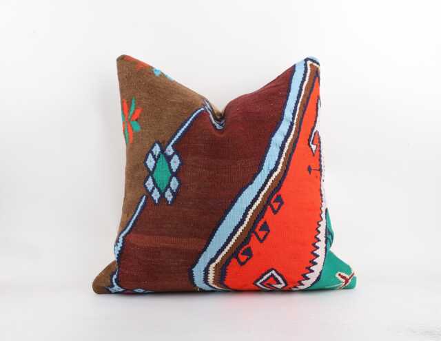 Handwoven Wool Kilim Pillow Cover, Bohemian Turkish Cushion, 24x24 Inch - image 1