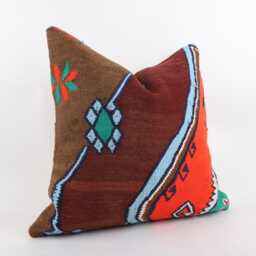 Handwoven Wool Kilim Pillow Cover, Bohemian Turkish Cushion, 24x24 Inch - thumbnail 3