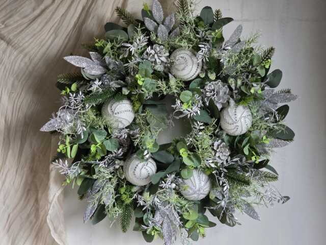 Large Christmas Bauble Wreath For Front Door, Silver Glitter Frosted Eucalyptus, Christmas Wreath, Artificial Door Wreath, Winter Xxl - image 1