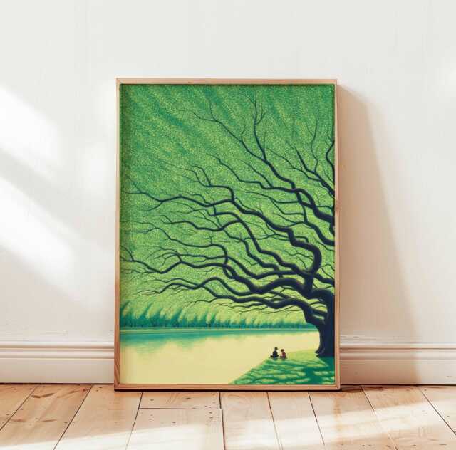Giant Green Tree Poster, Peaceful Nature Wall Art Print, Serene Landscape Illustration, Calming Scene Decor For Bedroom Or Living Room - image 1