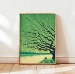Giant Green Tree Poster, Peaceful Nature Wall Art Print, Serene Landscape Illustration, Calming Scene Decor For Bedroom Or Living Room - thumbnail 1