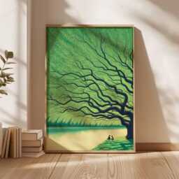 Giant Green Tree Poster, Peaceful Nature Wall Art Print, Serene Landscape Illustration, Calming Scene Decor For Bedroom Or Living Room - thumbnail 2
