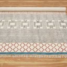 Handwoven Block Print Cotton Rug, Boho Living Room Carpet, Indian Dhurrie Mat - thumbnail 2