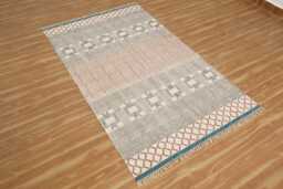 Handwoven Block Print Cotton Rug, Boho Living Room Carpet, Indian Dhurrie Mat - thumbnail 1